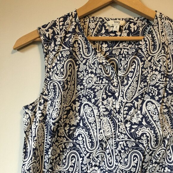 Tilley Navy Paisley 100% Cotton Tunic Neck Tank Top - Picture 4 of 13